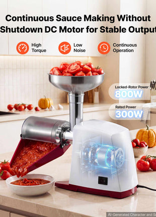 Electric Tomato Strainer 800W Max (Rated Power: 300W) Sauce Maker, 88 lbs/H For Purees, Strawberry, Salsa, Stainless Steel Tomato Food Mill Press Machine, 1mm, 1.5mm, 3mm & 6mm Screens, White