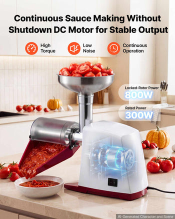 Electric Tomato Strainer 800W Max (Rated Power: 300W) Sauce Maker, 88 lbs/H For Purees, Strawberry, Salsa, Stainless Steel Tomato Food Mill Press Machine, 1mm, 1.5mm, 3mm & 6mm Screens, White