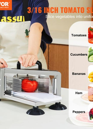Commercial Tomato Slicer, 3/16 inch Tomato Cutter Slicer, Stainless Steel Heavy Duty Tomato Slicer Machine, Manual Tomato Slicer with Non-slip Feet, for Cutting Tomatoes, Cucumbers, Bananas