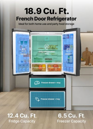 French Door Refrigerator, 18.9 Cu. Ft. Kitchen Fridge, Counter Depth French Refrigerator with LED Display and 4 Casters, Frost-Free Bottom Freezer Refrigerators for Home & Commercial Use, Black