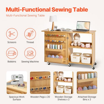 Folding Sewing Table, Multipurpose Sewing Machine Table with Compact Design, Wheels, Shelves, Storage Trays, Wooden Pegs, and Magnetic Doors, Sewing Desk Cabinet for Sewing Machine, Wood Color