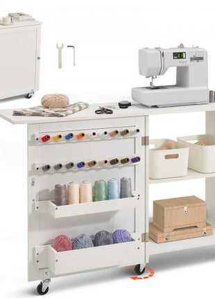 Folding Sewing Table, Multipurpose Sewing Machine Table with Compact Design, Wheels, Shelves, Storage Trays, Wooden Pegs, and Magnetic Doors, Sewing Desk Cabinet for Sewing Machine, White