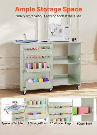 Folding Sewing Table, Multipurpose Sewing Machine Table with Compact Design, Wheels, Wooden Pegs, Storage Trays and Shelf, Magnetic Door Lock, Craft Station and Side Desk for Home, Light Green