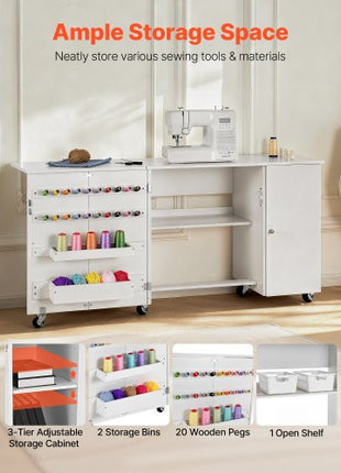Folding Sewing Table, Multipurpose Sewing Machine Table with Cabinet, Compact Design, Wheels, Wooden Pegs, Storage Trays and Shelf, Magnetic Door, Craft Station and Side Desk for Home, White