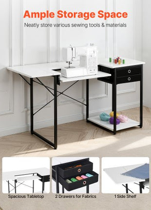 Sewing Table, Multipurpose Sewing Machine Table with Drawers, Foldable Side Shelf, Adjustable Shelf, Steel Legs, Computer Desk for Home, Fashion Studio, Art Studio, Educational Institution