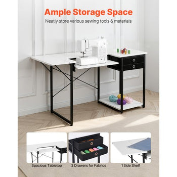 Sewing Table, Multipurpose Sewing Machine Table with Drawers, Foldable Side Shelf, Adjustable Shelf, Steel Legs, Computer Desk for Home, Fashion Studio, Art Studio, Educational Institution