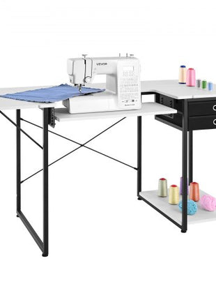 Sewing Table, Multipurpose Sewing Machine Table with Drawers, Foldable Side Shelf, Adjustable Shelf, Steel Legs, Computer Desk for Home, Fashion Studio, Art Studio, Educational Institution