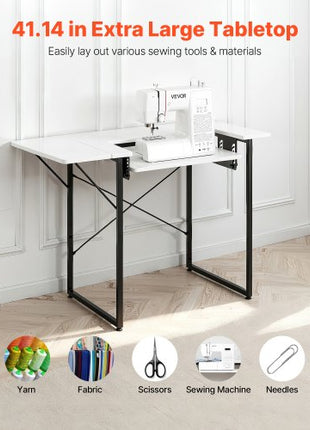 Sewing Table, Multipurpose Sewing Machine Table with Foldable Side Shelf, Adjustable Shelf, Steel Legs, Computer Desk for Home, Fashion Studio, Art Studio, Educational Institution, White
