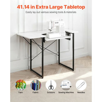 Sewing Table, Multipurpose Sewing Machine Table with Foldable Side Shelf, Adjustable Shelf, Steel Legs, Computer Desk for Home, Fashion Studio, Art Studio, Educational Institution, White