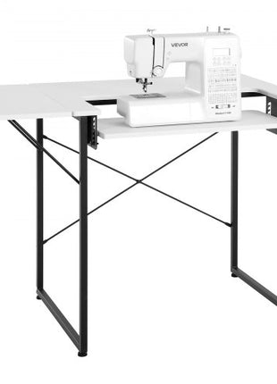 Sewing Table, Multipurpose Sewing Machine Table with Foldable Side Shelf, Adjustable Shelf, Steel Legs, Computer Desk for Home, Fashion Studio, Art Studio, Educational Institution, White