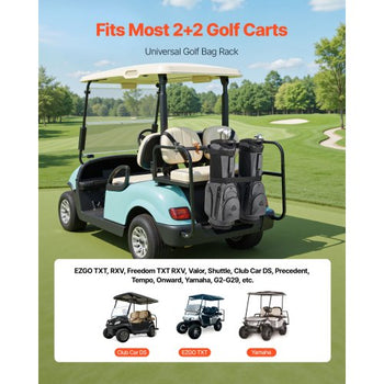 Golf Cart Bag Holder, 53.9 x 7.7 x 2.4 Inch, Compatible with Most 2+2 Golf Cart Rear Seat with 1.2-Inch Square Tubes, Adjustable Rear Seat Carts Club Holder with Strap, No Drilling Required