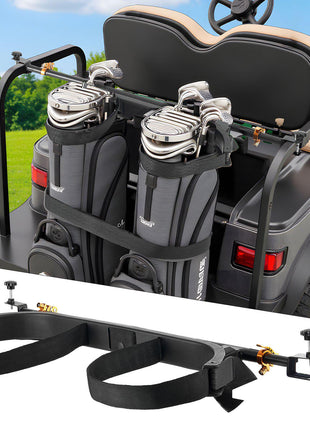 Golf Cart Bag Holder, 53.9 x 7.7 x 2.4 Inch, Compatible with Most 2+2 Golf Cart Rear Seat with 1.2-Inch Square Tubes, Adjustable Rear Seat Carts Club Holder with Strap, No Drilling Required