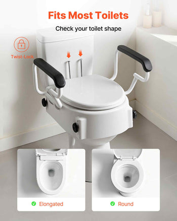 Raised Toilet Seat with Arms, 300 lbs Load Capacity, 3-Level Adjustable Height, Widened Commode Elevated Toilet Seat Riser with Padded Handles for Seniors, Elderly, Handicap, Disabled, Adults