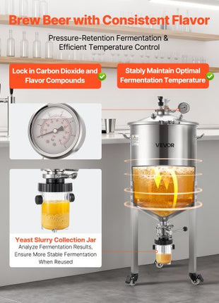 Pressure Fermenter 15 PSI, 16 Gal/60L All-in-One Stainless Steel Conical Secondary Fermentation Bucket, with Cooling Tube, Yeast Slurry Collection Bottle, for Wine, Beer Brewing Equipment