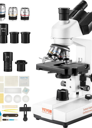 VEVOR microscope set with metal body, five objective lenses, and included accessories in white and black colors.