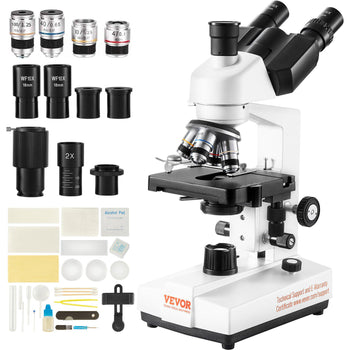 VEVOR microscope set with metal body, five objective lenses, and included accessories in white and black colors.