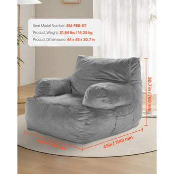 Bean Bag Chair, BeanBag Sofa Chair with Armrests for Adults, Fluffy Plush & High-Density Foam Filling Adult Bean Bag with Zapper, Comfy Lazy Sofa Chair Ideal for Living Room, Bedroom, Grey