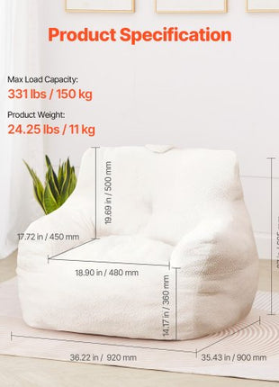 Bean Bag Chair, 3 feet Bean Bag Chair with Soft Armrests and Storage Pocket, 25D Memory Foam Filled with Soft Teddy Velvet Cover, Bean Bag for Bedroom or Playroom, White