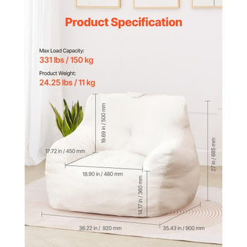 Bean Bag Chair, 3 feet Bean Bag Chair with Soft Armrests and Storage Pocket, 25D Memory Foam Filled with Soft Teddy Velvet Cover, Bean Bag for Bedroom or Playroom, White