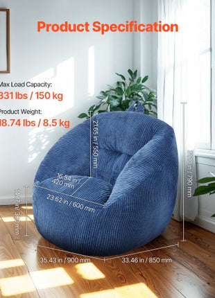 Bean Bag Chair, 3 feet Bean Bag Chair with Soft Armrests and Storage Pocket, 25D Memory Foam Filled with Soft Teddy Velvet Cover, Bean Bag for Bedroom or Playroom, Blue