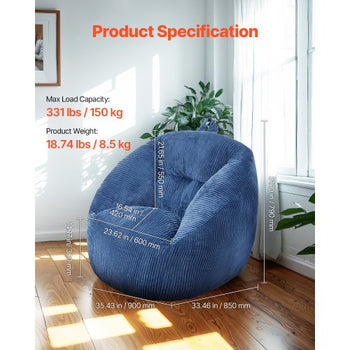 Bean Bag Chair, 3 feet Bean Bag Chair with Soft Armrests and Storage Pocket, 25D Memory Foam Filled with Soft Teddy Velvet Cover, Bean Bag for Bedroom or Playroom, Blue