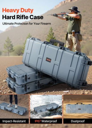 Hard Rifle Case, Lockable Rifle Case with Pre-cut Foams, 40 in Gun Storage with Wheels, IP67 Waterproof & Dustproof Movable Large Pistol Storage for Rifles, Shotguns, Airsoft Guns, Grey