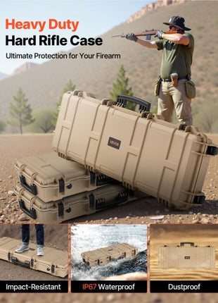 Hard Rifle Case, Lockable Rifle Case with Pre-cut Foams, 40 in Gun Storage with Wheels, IP67 Waterproof & Dustproof Movable Large Pistol Storage for Rifles, Shotguns, Airsoft Guns, Khaki