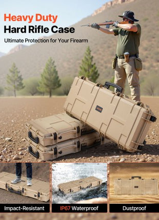 Hard Rifle Case, Lockable Rifle Case with Pre-cut Foams, 42 in Movable Gun Storage with Wheels, IP67 Waterproof & Dustproof Pistol Storage for Rifle, Shotgun, Airsoft Gun, Khaki
