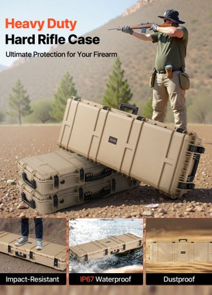 Hard Rifle Case, Lockable Rifle Case with Pre-cut Foams, 52 in Gun Storage with Wheels, Heavy Duty IP67 Waterproof & Dustproof Pistol Storage Cases for Rifles, Shotguns, Airsoft Guns, Khaki