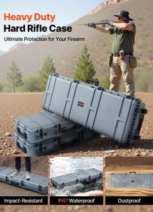Hard Rifle Case, Lockable Rifle Case with Pre-cut Foams, 52 in Gun Storage with Wheels, Heavy Duty IP67 Waterproof & Dustproof Pistol Storage Cases for Rifles, Shotguns, Airsoft Guns, Grey