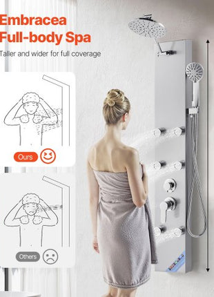 Shower Panel Tower System with Rainfall Shower Head, 49 in Brushed Stainless Steel Shower Column, 3-Function Faucet, High Pressure Wall-Mount Rain Massage System with 6 Body Jets and Handheld