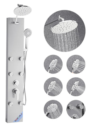 Shower Panel Tower System with Rainfall Shower Head, 49 in Brushed Stainless Steel Shower Column, 3-Function Faucet, High Pressure Wall-Mount Rain Massage System with 6 Body Jets and Handheld