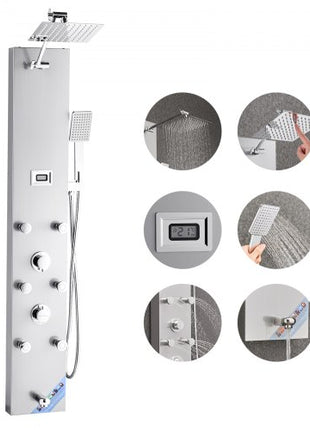 Shower Panel Tower System with Rainfall Shower Head, LED, 49 in Brushed Stainless Steel Shower Column, 4-Function Faucet, Wall-Mount Rain Massage System with 6 Body Jets, Handheld, and Tub Spout