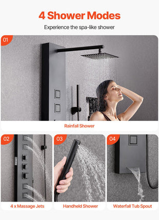 Shower Panel Tower System with Rainfall Shower Head, 49 in Brushed Stainless Steel Shower Column, 4-Function Faucet, Wall-Mount Rain Massage System, with 4 Body Jets,  Handheld, and Tub Spout