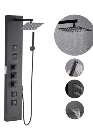 Shower Panel Tower System with Rainfall Shower Head, 49 in Brushed Stainless Steel Shower Column, 4-Function Faucet, Wall-Mount Rain Massage System, with 4 Body Jets,  Handheld, and Tub Spout