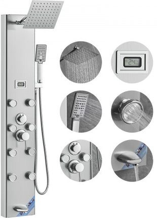 Shower Panel System, 5 Shower Modes, Digital Display Shower Panel Tower, Rainfall, 8 Massage Jets, Tub Spout, 3-Setting Handheld Shower Head 59" Hose, Stainless Steel Wall-Mounted Shower Set