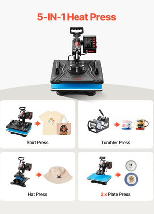 Heat Press, 5 in 1 Heat Press 12x15 Machine Machine, Digital Precise Temperature Control, Clamshell Sublimation Transfer Printer Fast Heat-up, Vinyl Heat Press for Mug Cup T-Shirt Plate, 900W