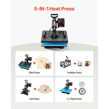 Heat Press, 5 in 1 Heat Press 12x15 Machine Machine, Digital Precise Temperature Control, Clamshell Sublimation Transfer Printer Fast Heat-up, Vinyl Heat Press for Mug Cup T-Shirt Plate, 900W