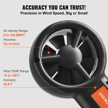 Black handheld anemometer with orange accents, measures wind speed 0-100.8 MPH, and temperature 14-140°F accuracy.