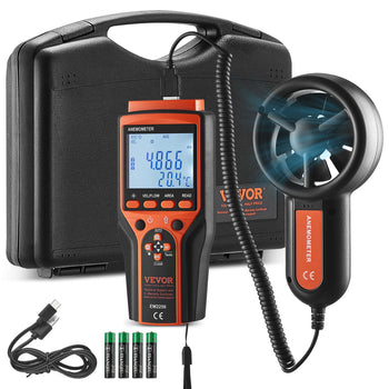 VEVOR digital anemometer in black and orange, featuring LCD display, USB charging, and portable case for easy transport.