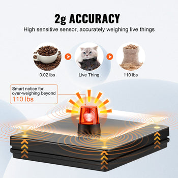Black digital scale with red alert light, measuring up to 110 lbs with 2g accuracy, ideal for pets and packaged goods.