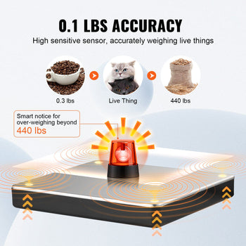 Accurate black digital scale with red alert for weighing live animals, 0.1 lbs sensitivity, max 440 lbs capacity.