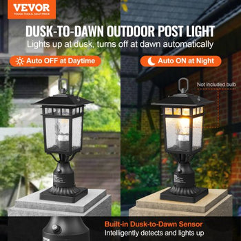 2 Pack Dusk to Dawn Outdoor Post Light, 15.75 in, Waterproof Lamp Post Light Fixtures with 5.5 in Pier Mount Base Glass Shade, Lightning-proof Exterior Pole Column Light for Patio Garden Pathway
