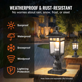 2 Pack Dusk to Dawn Outdoor Post Light, 15.75 in, Waterproof Lamp Post Light Fixtures with 5.5 in Pier Mount Base Glass Shade, Lightning-proof Exterior Pole Column Light for Patio Garden Pathway