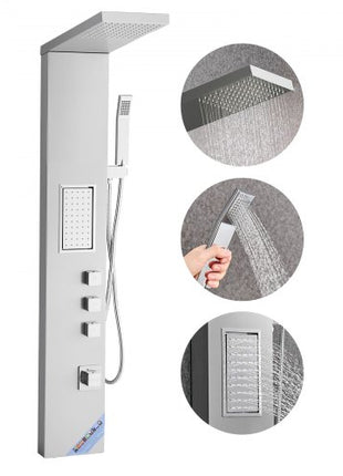 Shower Panel Tower System with Rainfall Shower Head, 53 in Brushed Stainless Steel Shower Column, 3-Function Faucet, High Pressure Wall-Mount Rain Massage System, with Large Body Jet, Handheld