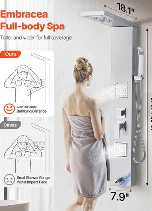 Shower Panel Tower System with Rainfall Waterfall Shower Head, 53 in Brushed Stainless Steel Shower Column, 5-Function Faucet, Wall-Mount Rain Massage System with 2 Body Jet, Handheld, Tub Spout