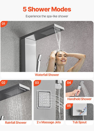 Shower Panel Tower System with Rainfall Waterfall Shower Head, 53 in Brushed Stainless Steel Shower Column, 5-Function Faucet, Wall-Mount Rain Massage System with 2 Body Jet, Handheld, Tub Spout