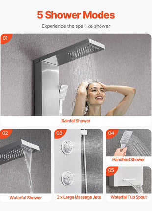 Shower Panel Tower System with Rainfall Waterfall Shower Head, 53 in Brushed Stainless Steel Shower Column, 5-Function Faucet, Wall-Mount Rain Massage System with 3 Body Jet, Handheld, Tub Spout