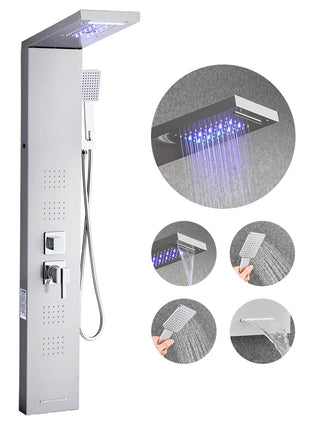 Shower Panel Tower System with Rainfall Waterfall Shower Head, LED, 53 in Brushed Stainless Steel Shower Column, 5-Function Faucet, Wall-Mount Rain Massage System, with Handheld and Tub Spout