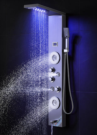 Shower Panel System, 6 Shower Modes, LED & Display Shower Panel Tower, Rainfall, Waterfall, 4 Body Massage Jets, Tub Spout, Handheld Shower Head 59" Hose, Stainless Steel Wall-Mounted Shower Set